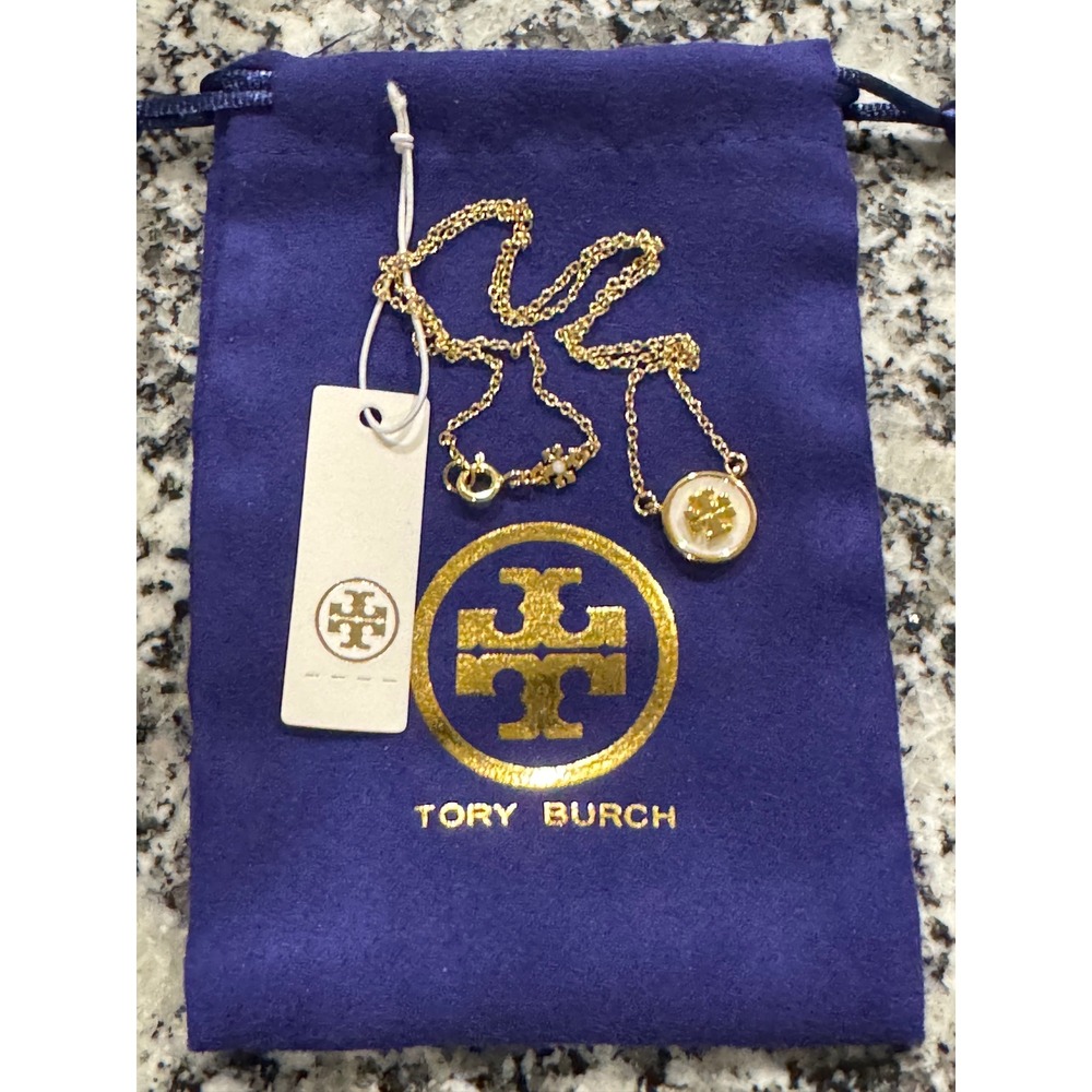 Tory Burch Kira Enameled Pendant Necklace Gold White Logo 49410 NWT